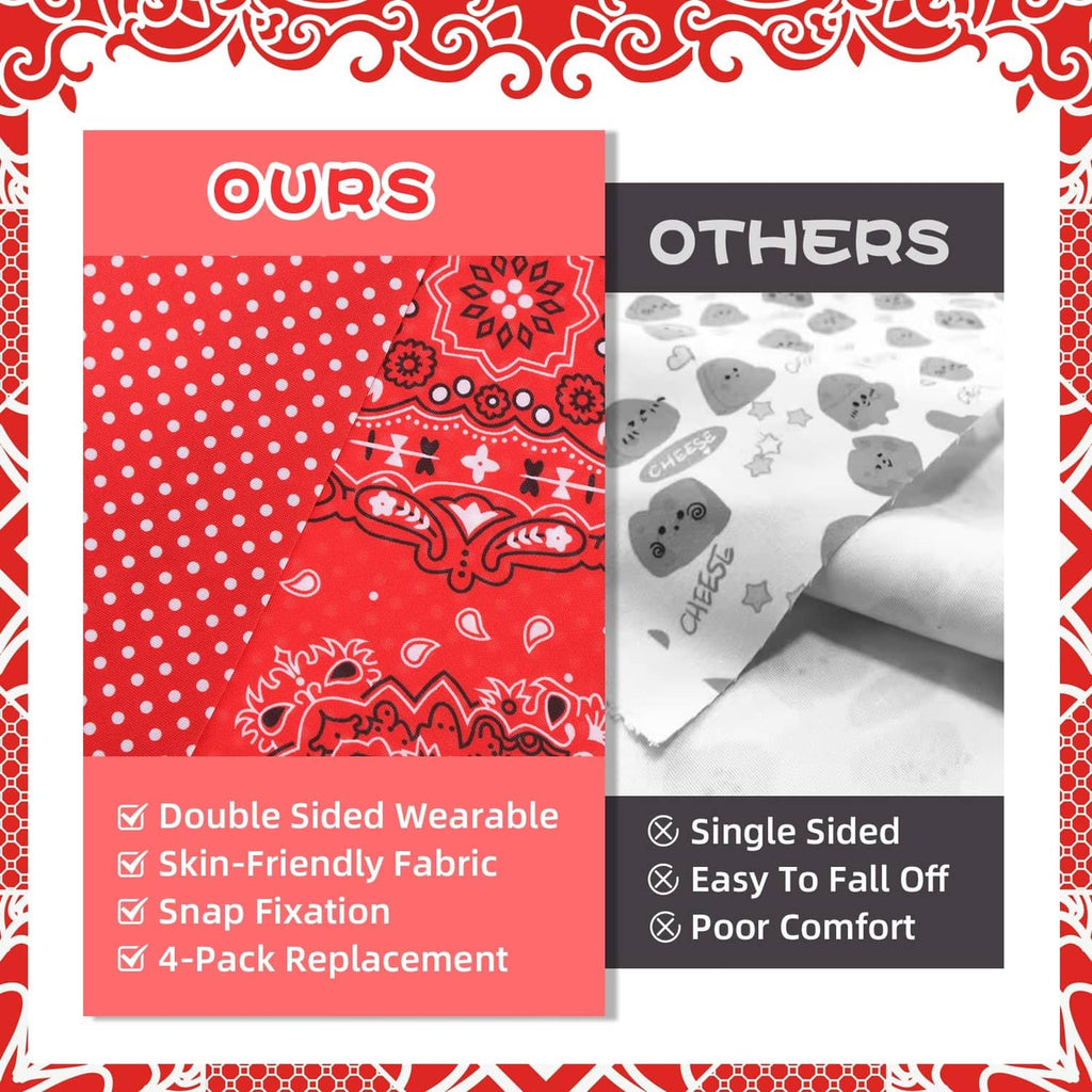 Dog bandana feature comparison graphic with red patterned double-sided scarf