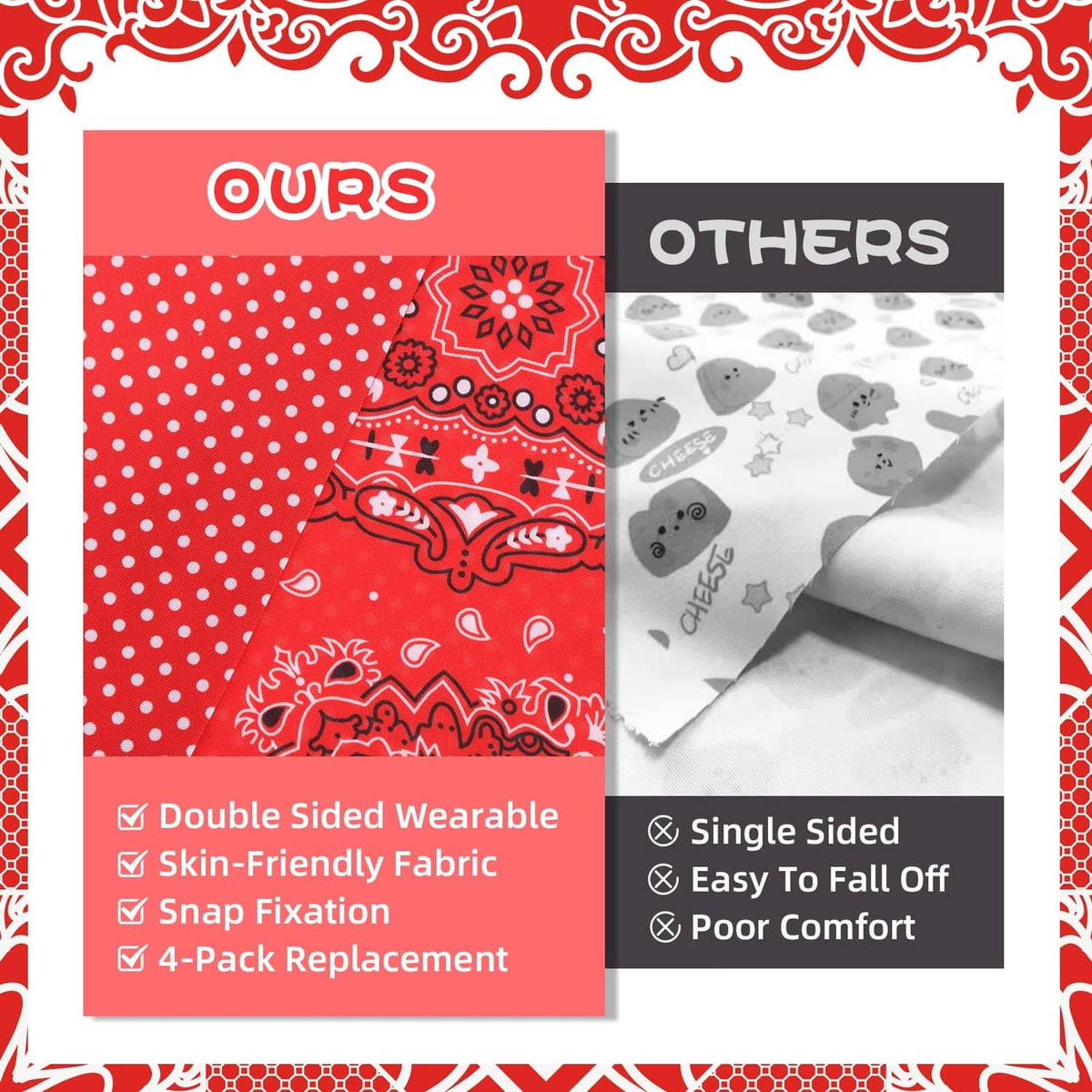 Dog bandana feature comparison graphic with red patterned double-sided scarf