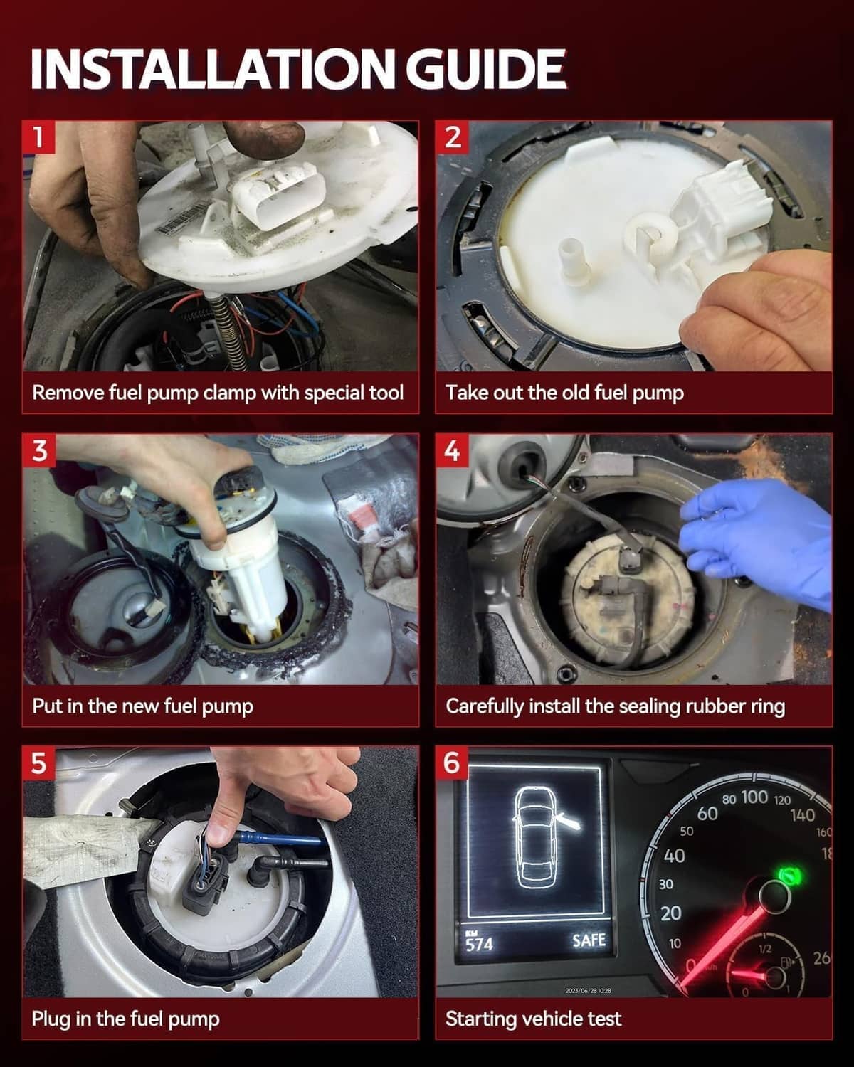Installation guide infographic showing steps to replace an electric fuel pump