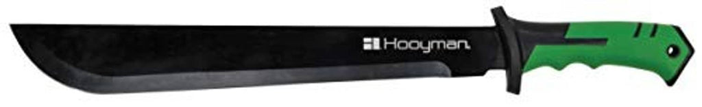 Hooyman bush machete with green handle, black guard, and long curved black blade
