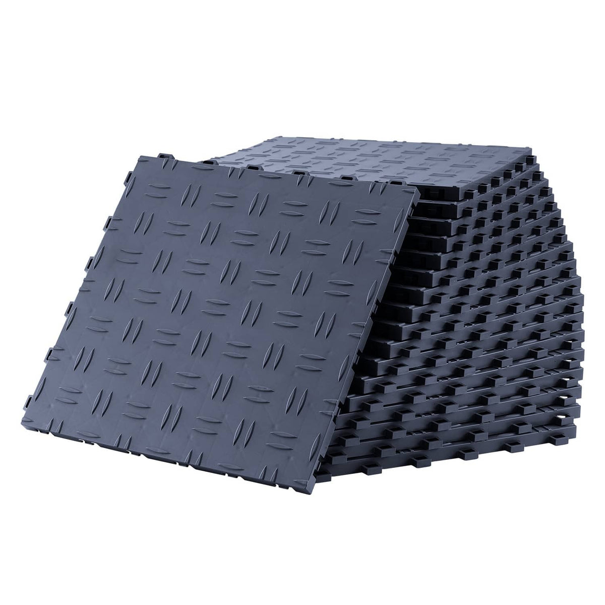 Stack of interlocking dark graphite gray garage floor tiles with textured dash surface