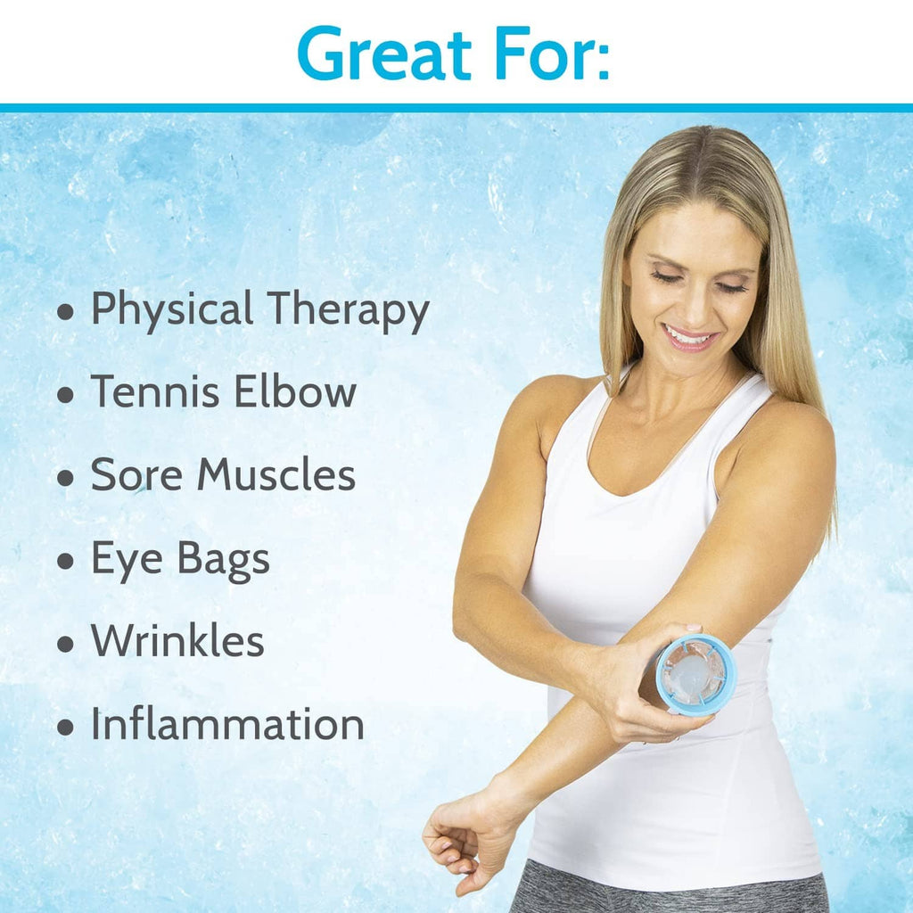 Ice roller applied to forearm, blue circular roller held against the skin