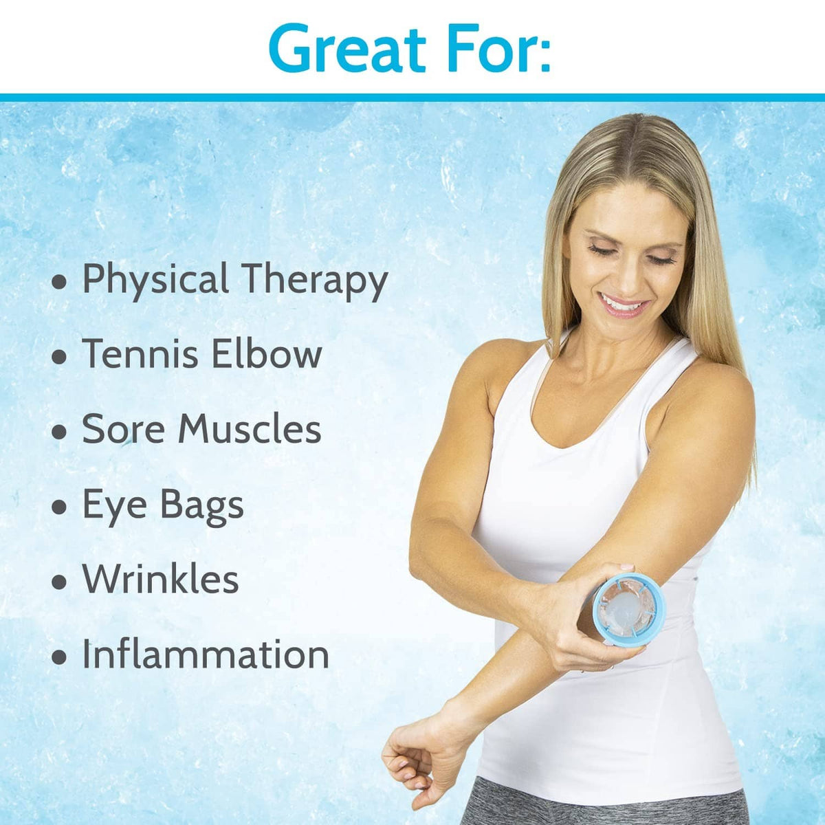 Ice roller applied to forearm, blue circular roller held against the skin