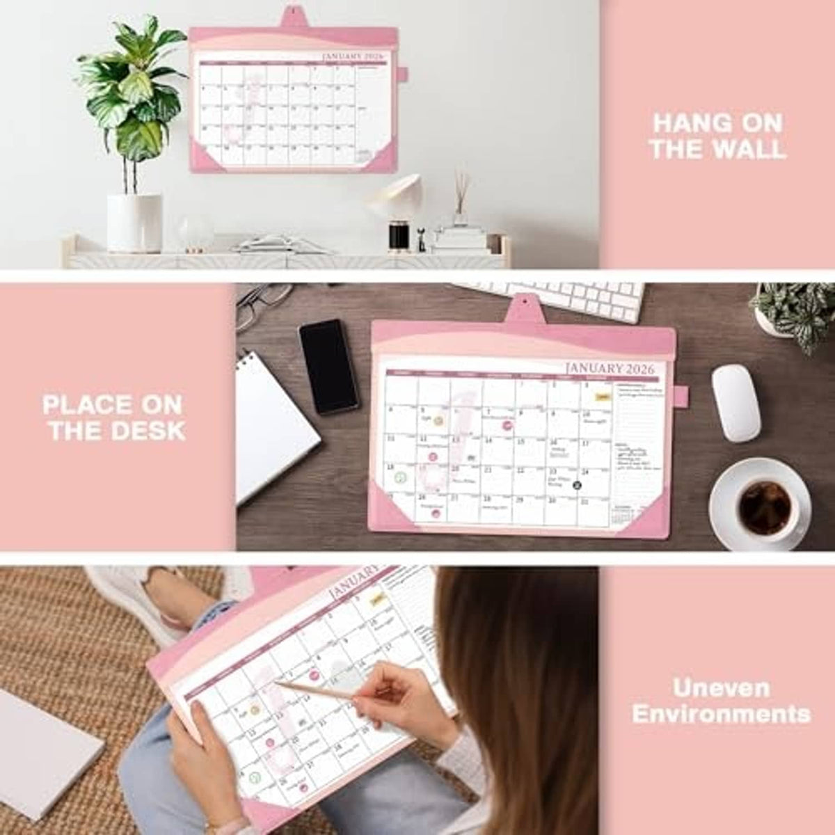 Pink desk calendar shown on wall and desk setups, with storage cover