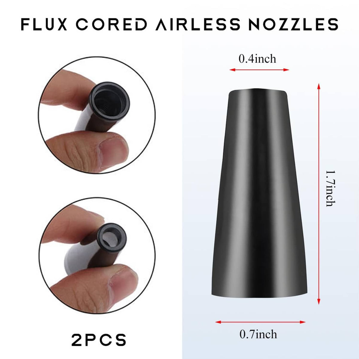 Black flux core gasless nozzle tips, with 0.7 in and 1.1 in sizing