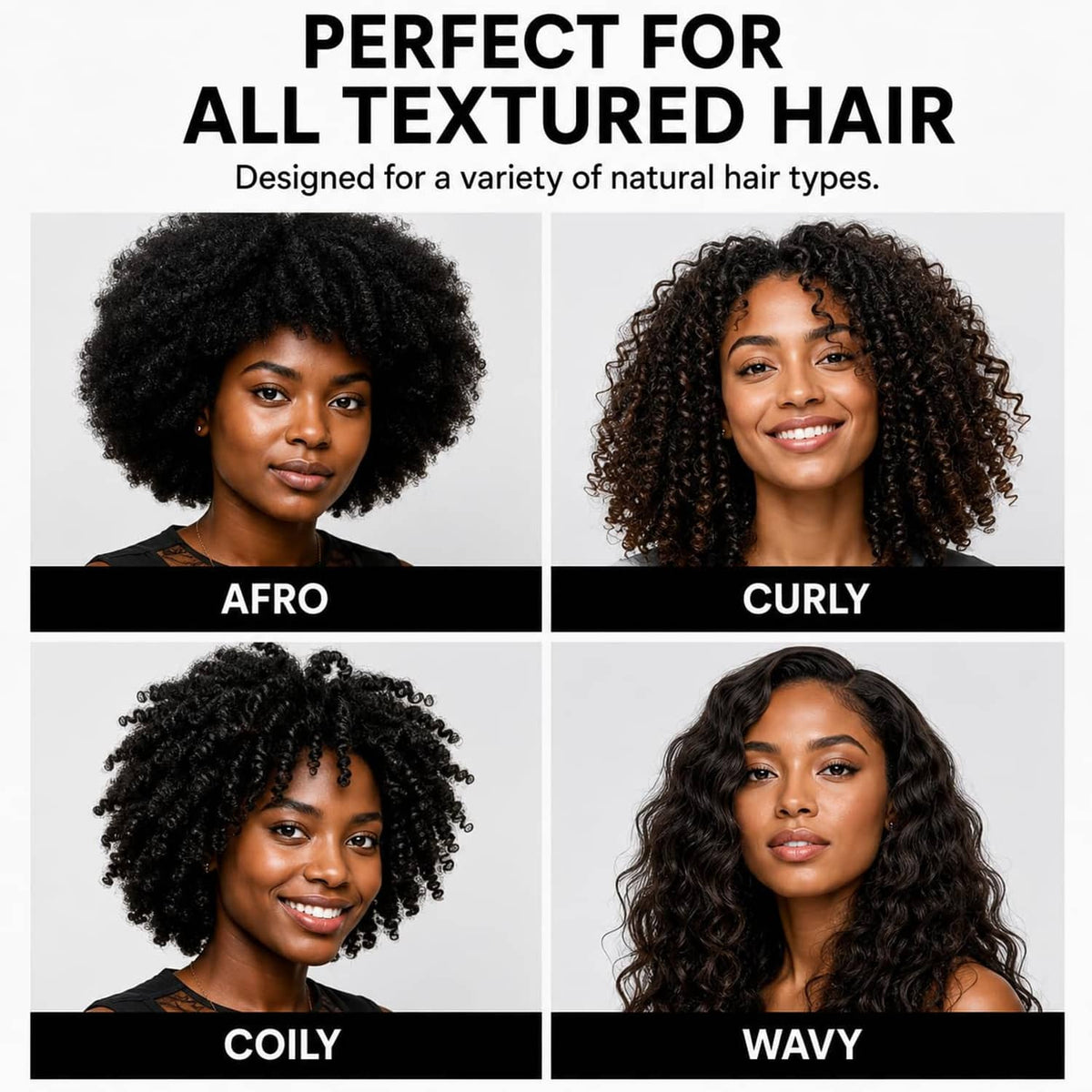 Hair comb for textured hair types: afro, curly, coily, wavy styles shown