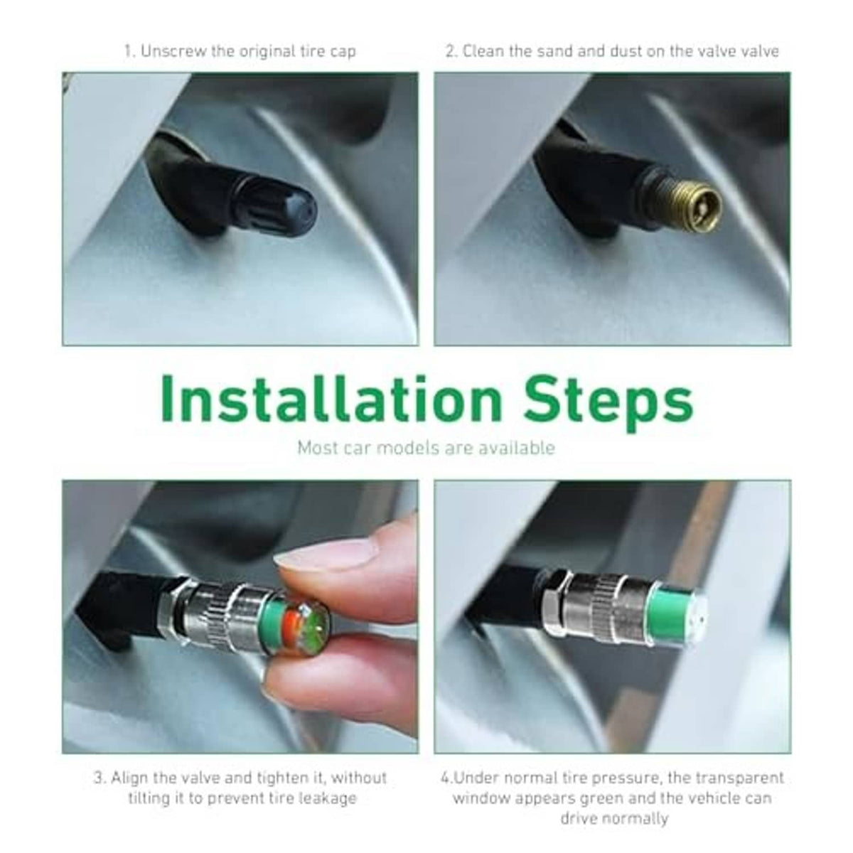 Car tire valve stem cap installation, silver metal with colored indicator window