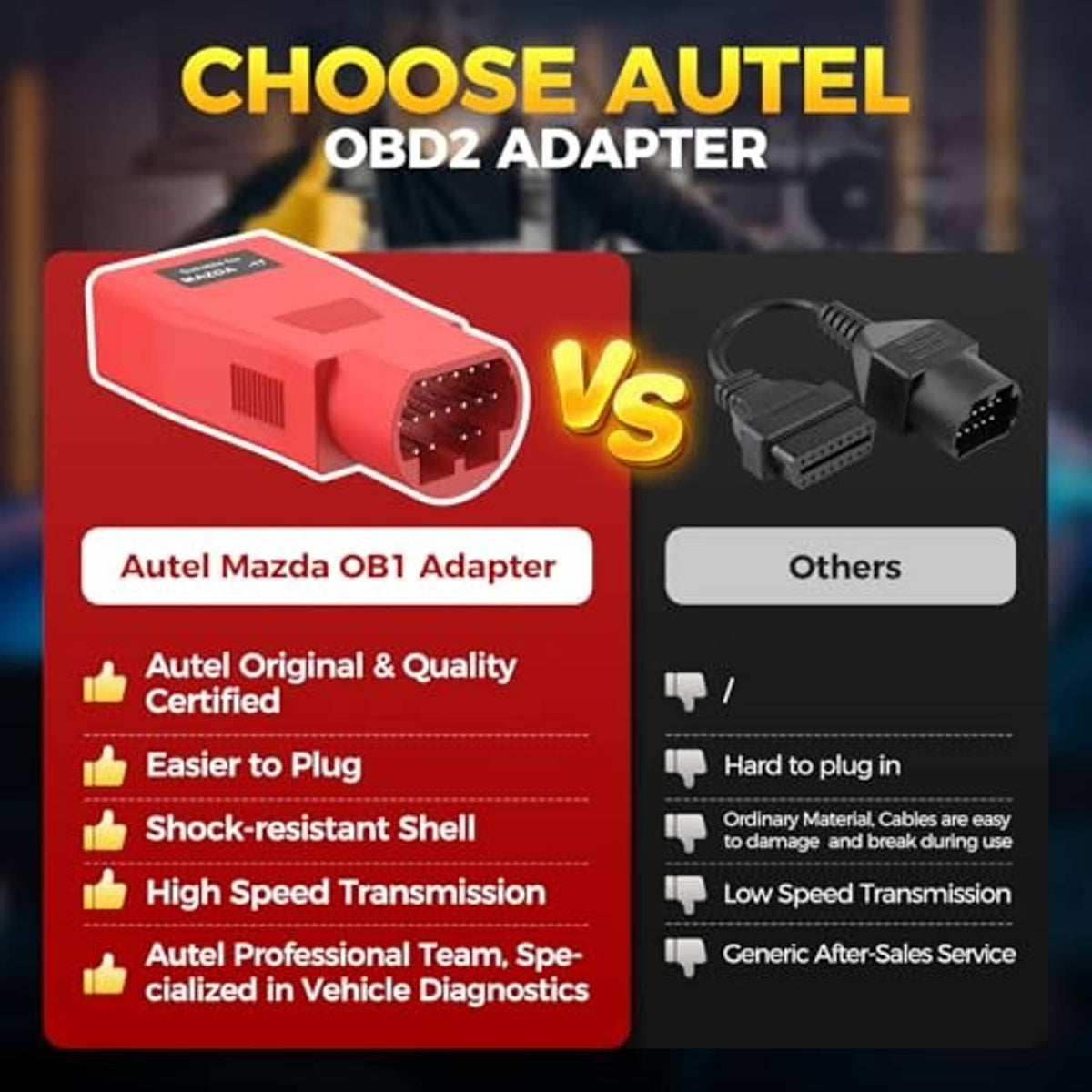 Red OBD2 adapter with 17-pin male OBD1 connector and compact rugged shell
