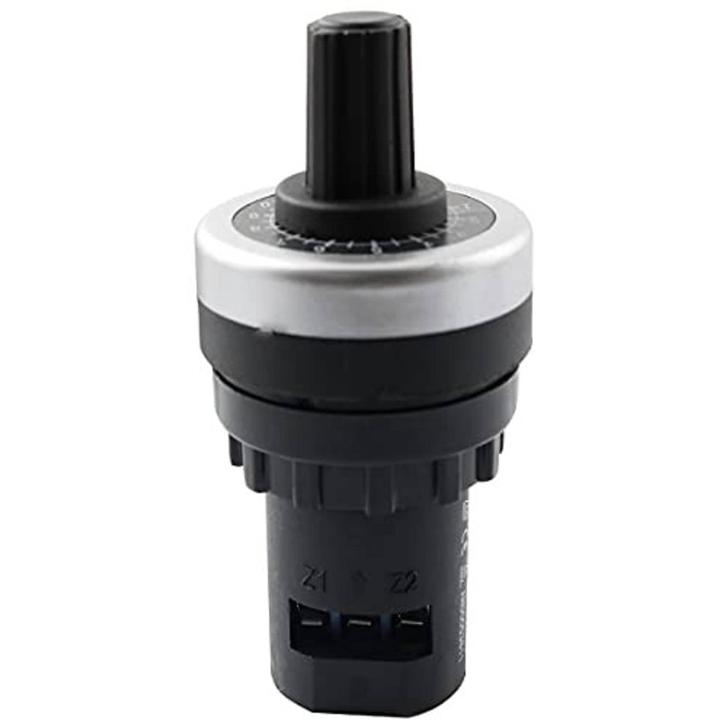 Rotary potentiometer with black knob, silver metal top ring, and labeled terminal area