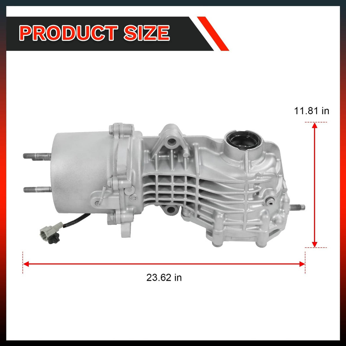 Rear axle differential carrier assembly, side view with gear housing and axle stubs
