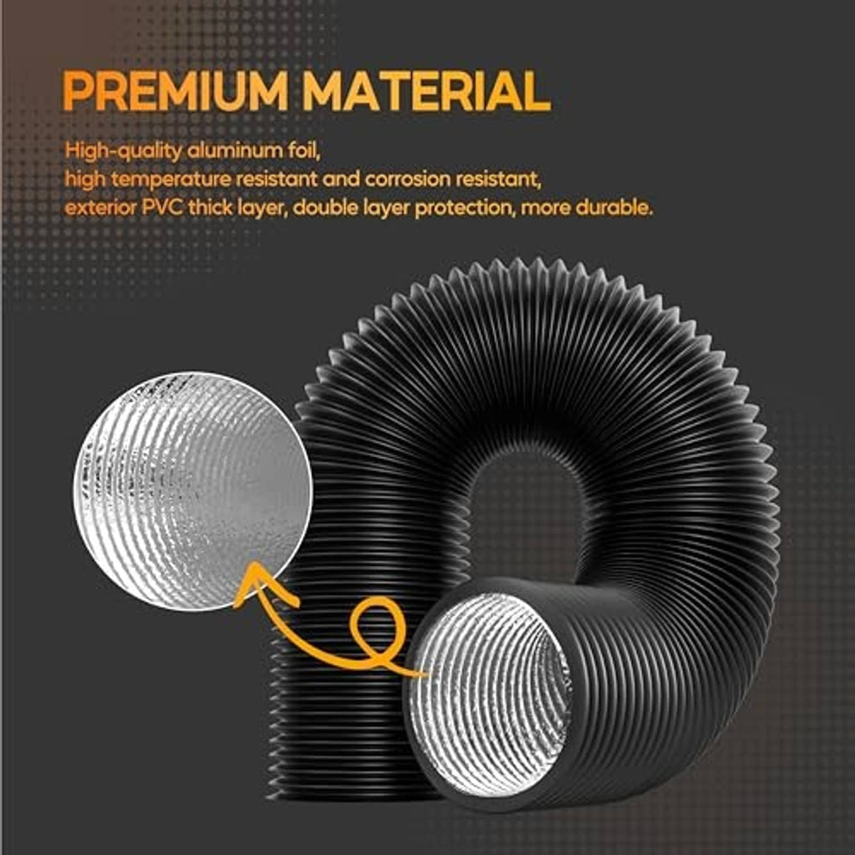 Spiral flexible aluminum duct coil with visible silver foil inner surface
