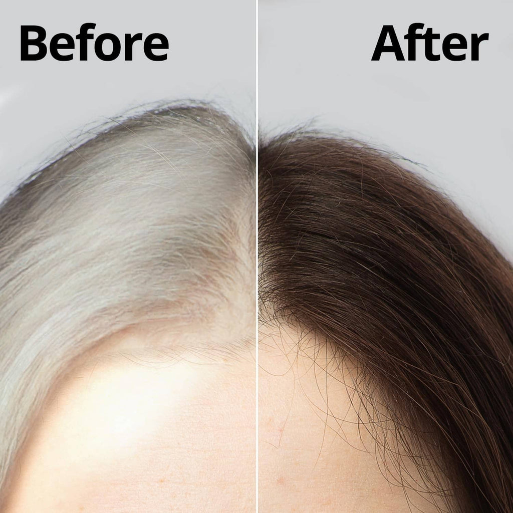 Before-and-after hair color comparison: dark brown hair on right, light hair on left