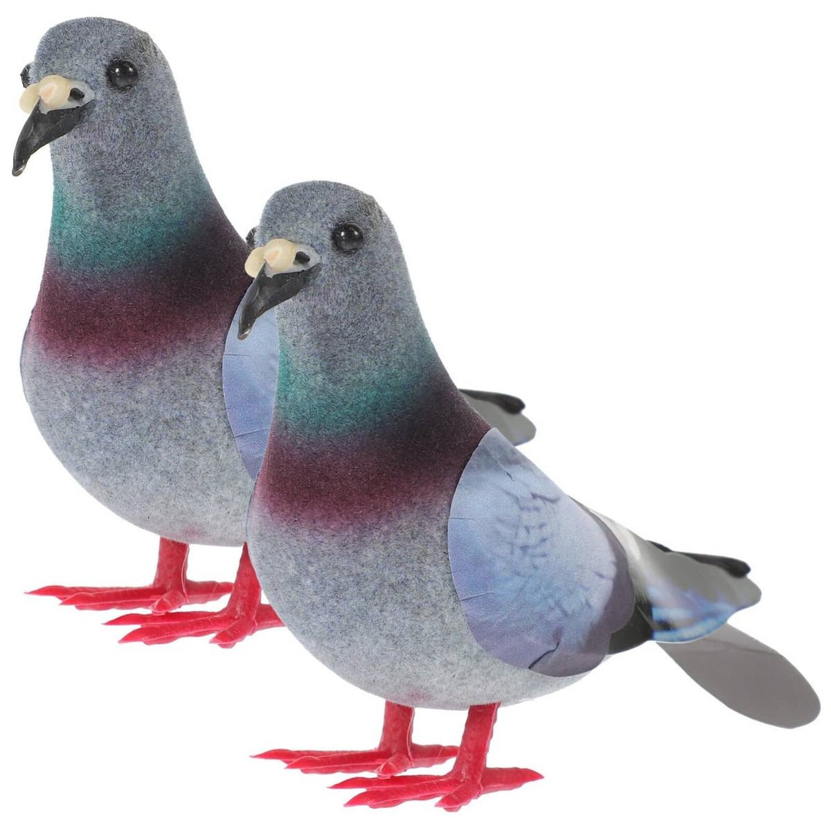 Pair of gray, blue and maroon foam pigeon figurines with red feet