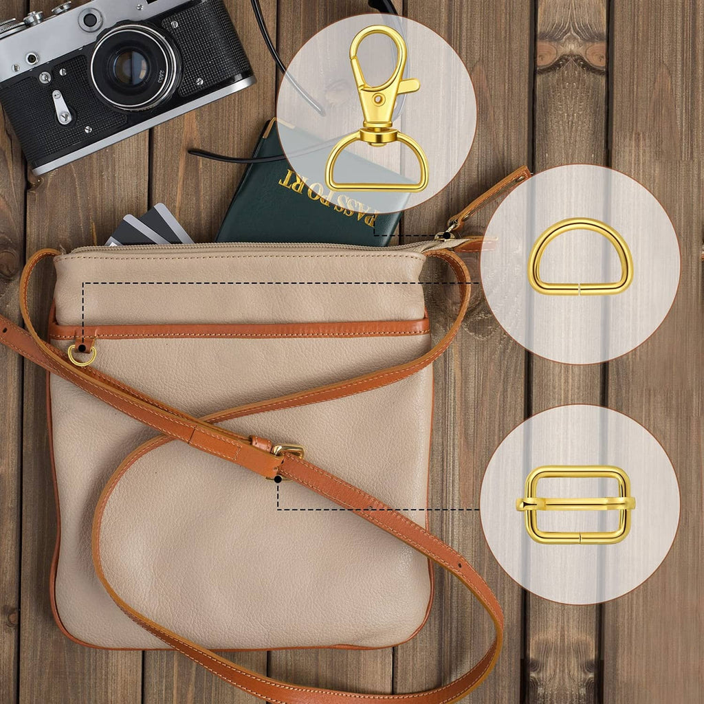 Gold D-ring bag hardware attached to leather crossbody strap, close-up