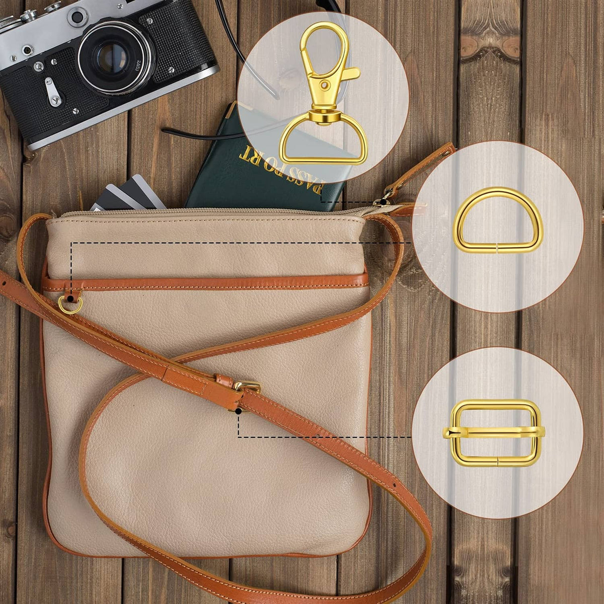 Gold D-ring bag hardware attached to leather crossbody strap, close-up