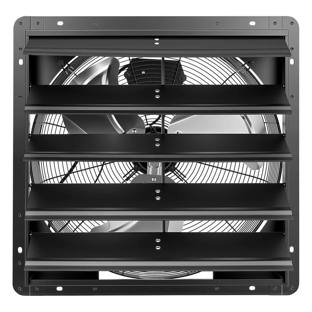 Wall-mount shutter exhaust fan with open louvers and visible fan blades