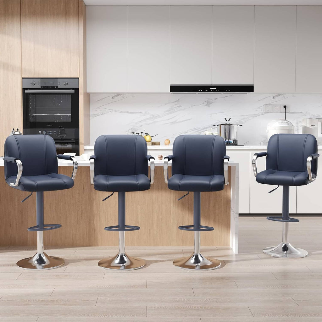 Blue counter-height bar stools with backs, padded seats, chrome pedestal bases