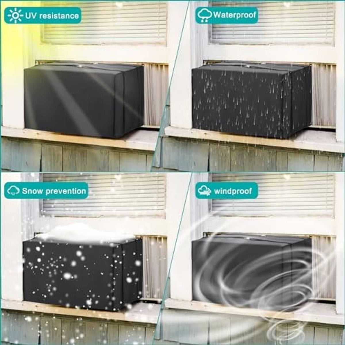 Black AC insulation cover shown in waterproof, snow, and wind protection scenes