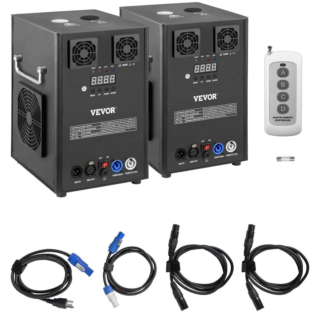 700W cold spark machine with two units, remote control, and power cables