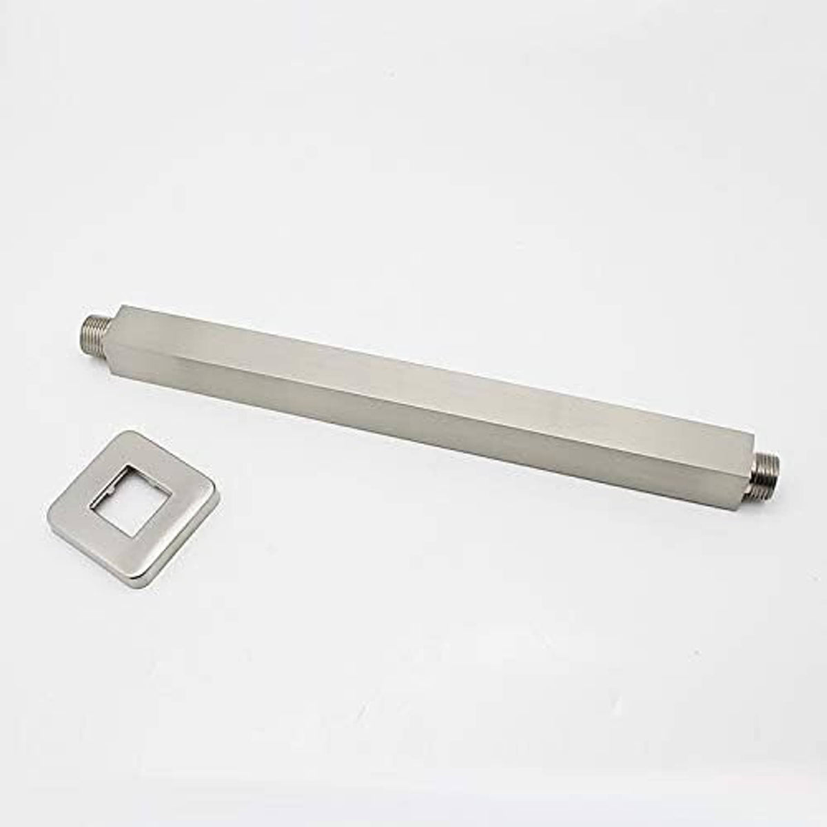 Shower head extension arm with square ceiling flange and threaded male ends