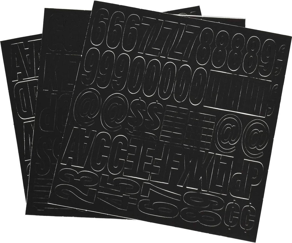 Black vinyl die-cut letters and numbers on multiple sheets, embossed outline designs