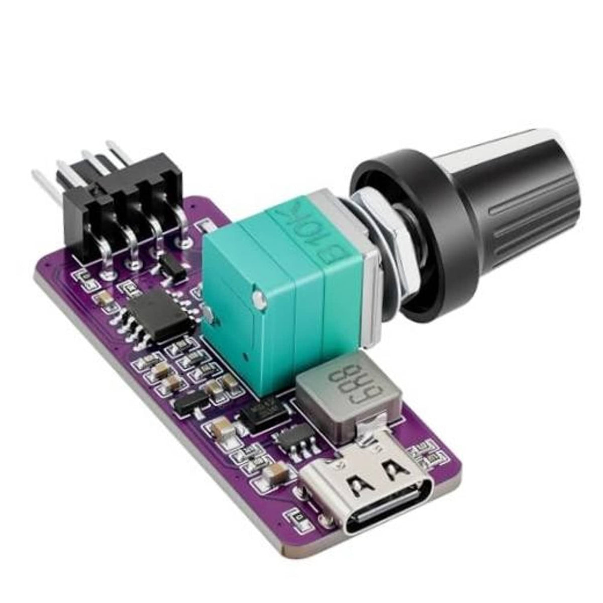 PWM fan speed adapter controller board with teal module, black dial, purple PCB, 4-pin header