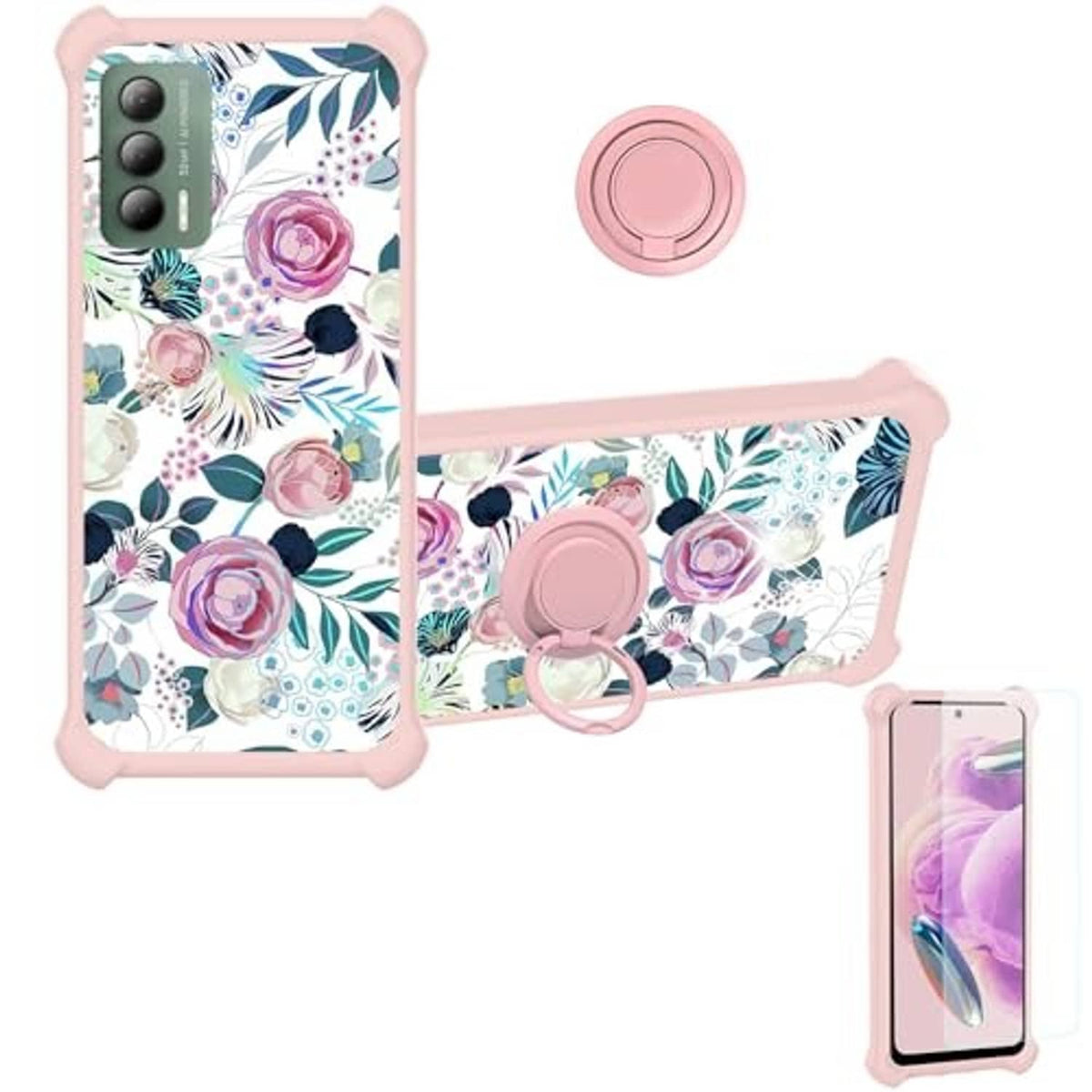 Pink floral phone case with ring holder on back and front lip; included screen cover