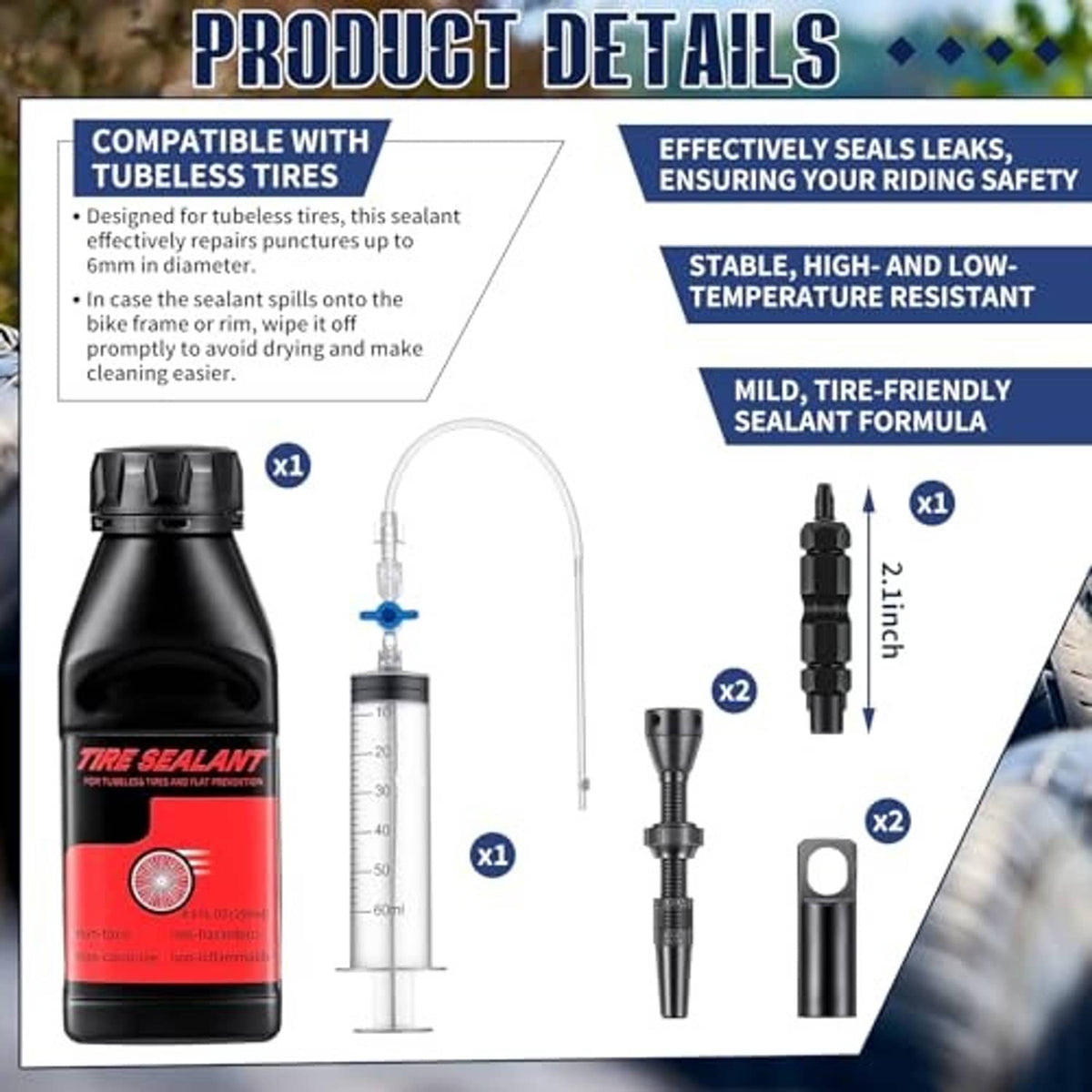 Tubeless tire sealant conversion kit diagram with bottle, syringe, valve parts and tape