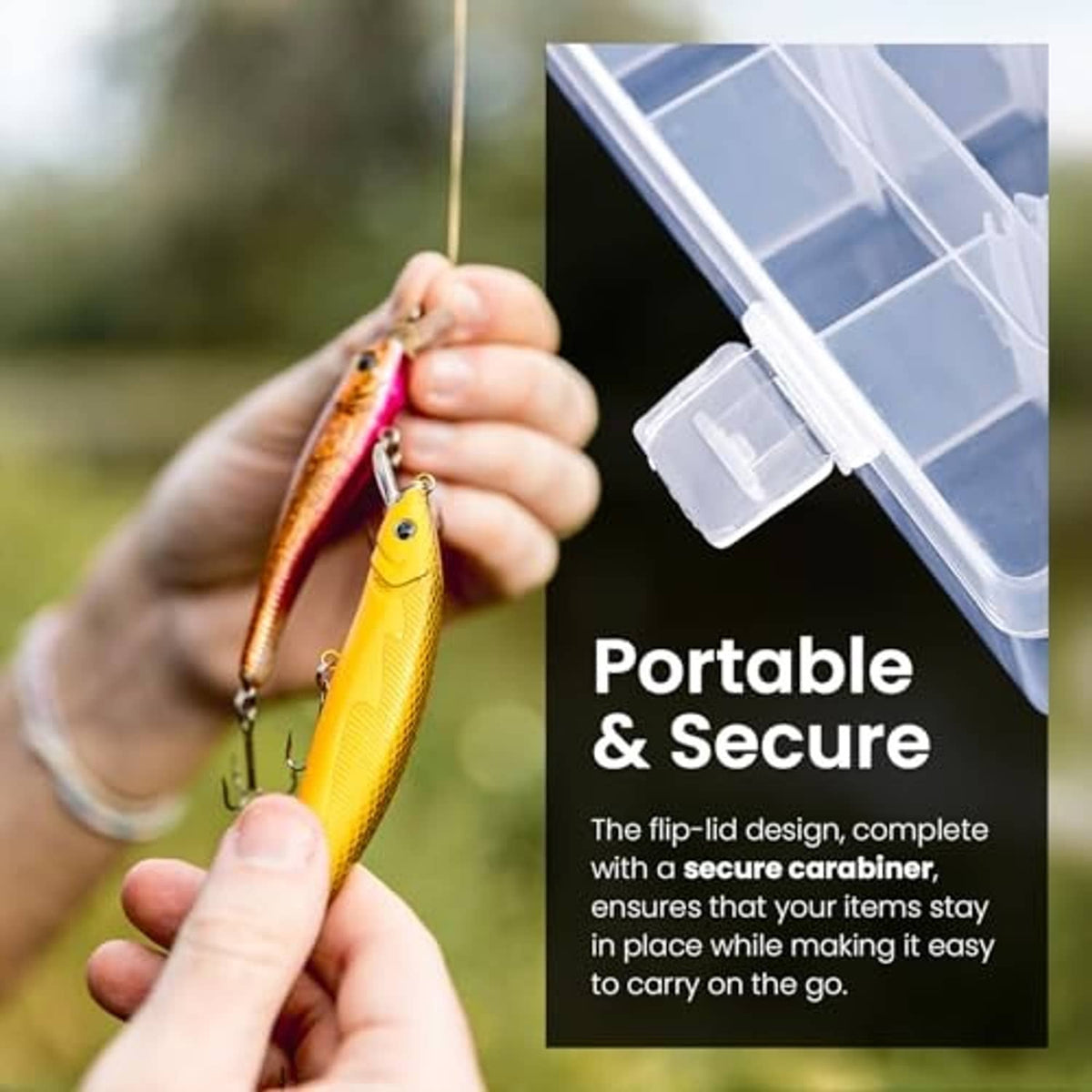Portable clear plastic storage box with flip lid and carabiner clasp