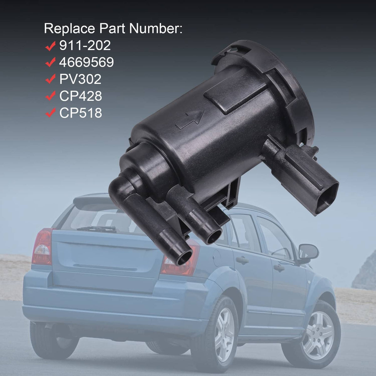 Black vapor canister purge solenoid valve with side connector and dual tube outlets