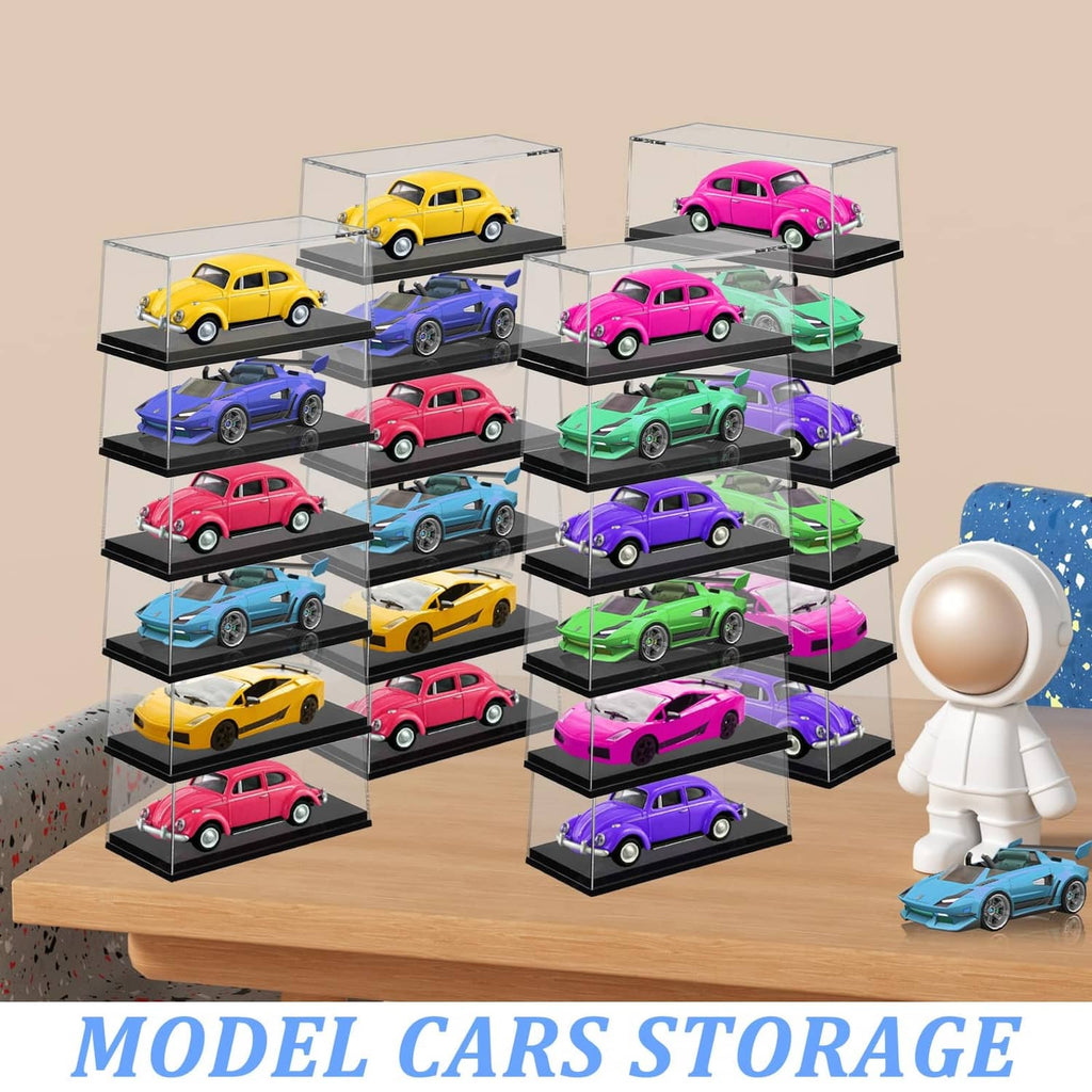 Clear model car organizer with stacked cubed display cases for multiple 1/64 cars
