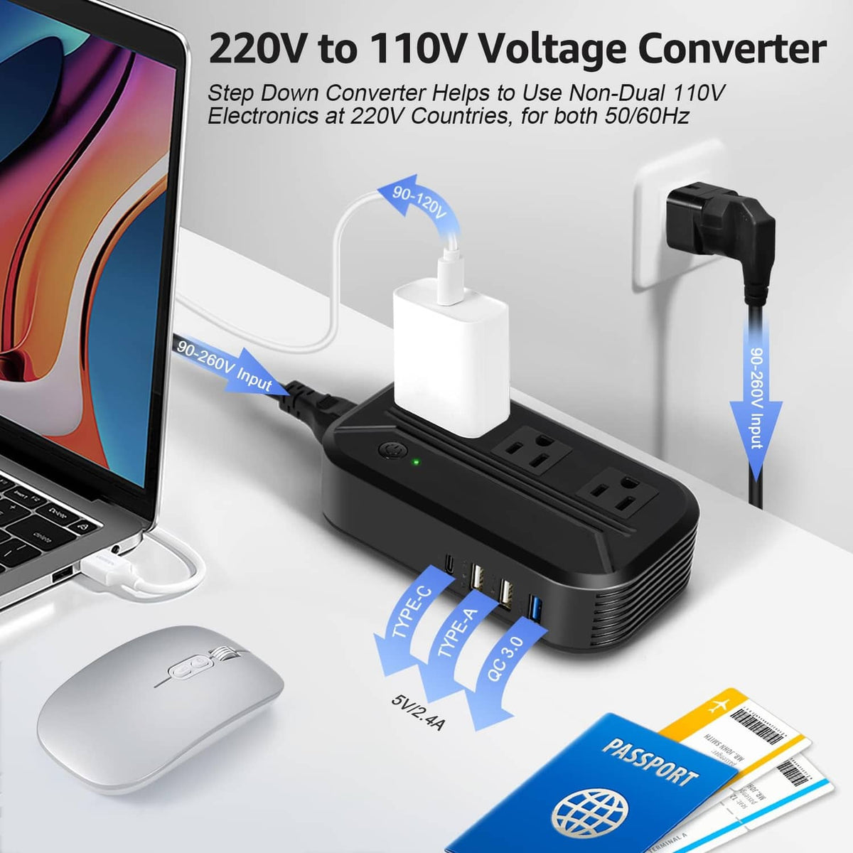 220V to 110V step-down voltage converter with AC outlet and green indicator light