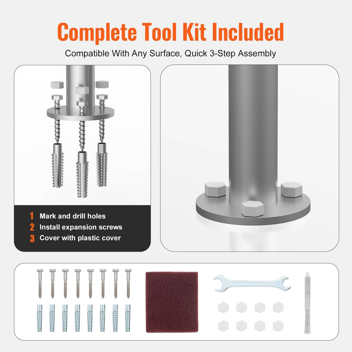 Handrail installation kit with base plate, screws, washers, and white plastic caps