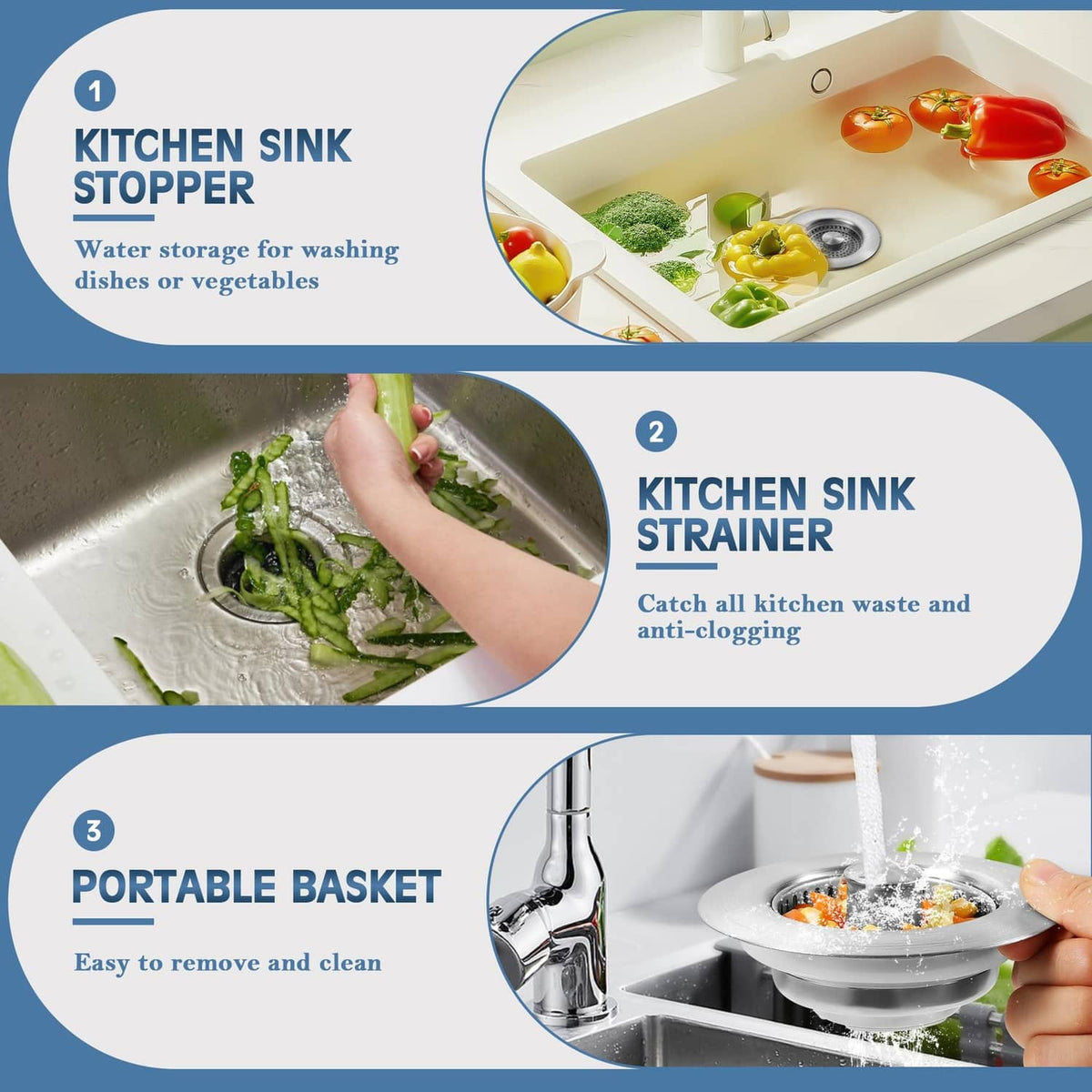 Stainless steel sink drain strainer with removable basket for cleaning