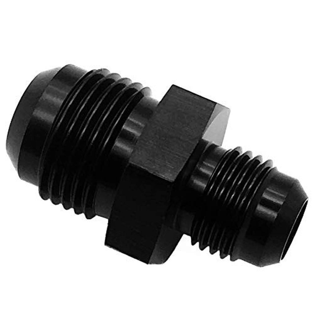 Black flare reducer adapter with two threaded male ports, AN10 to AN6