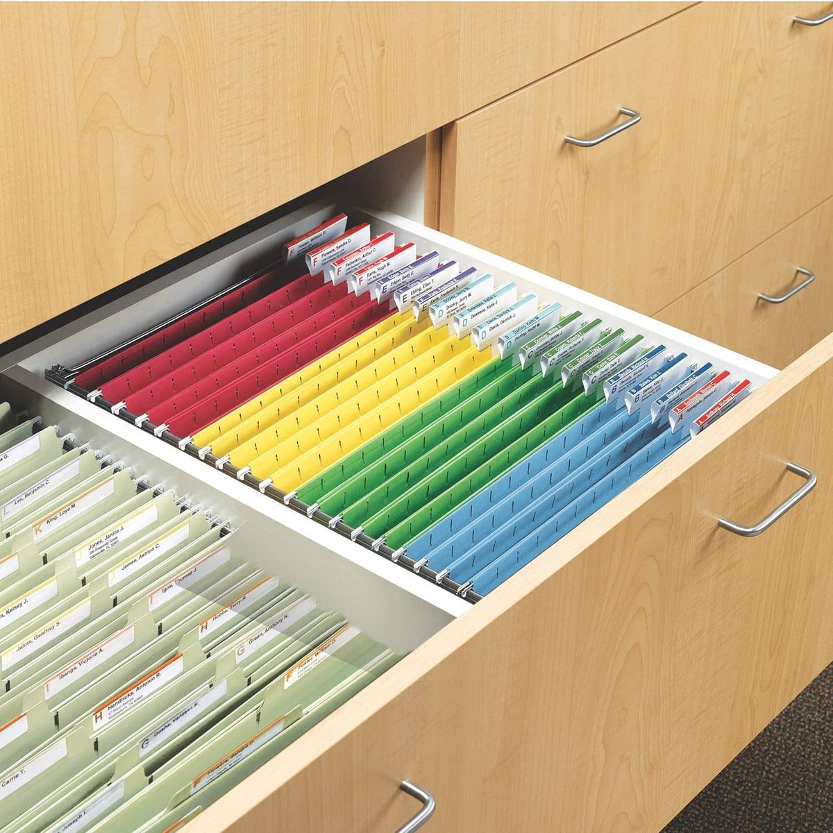 Steel hanging file frames installed in a drawer with multicolor folders