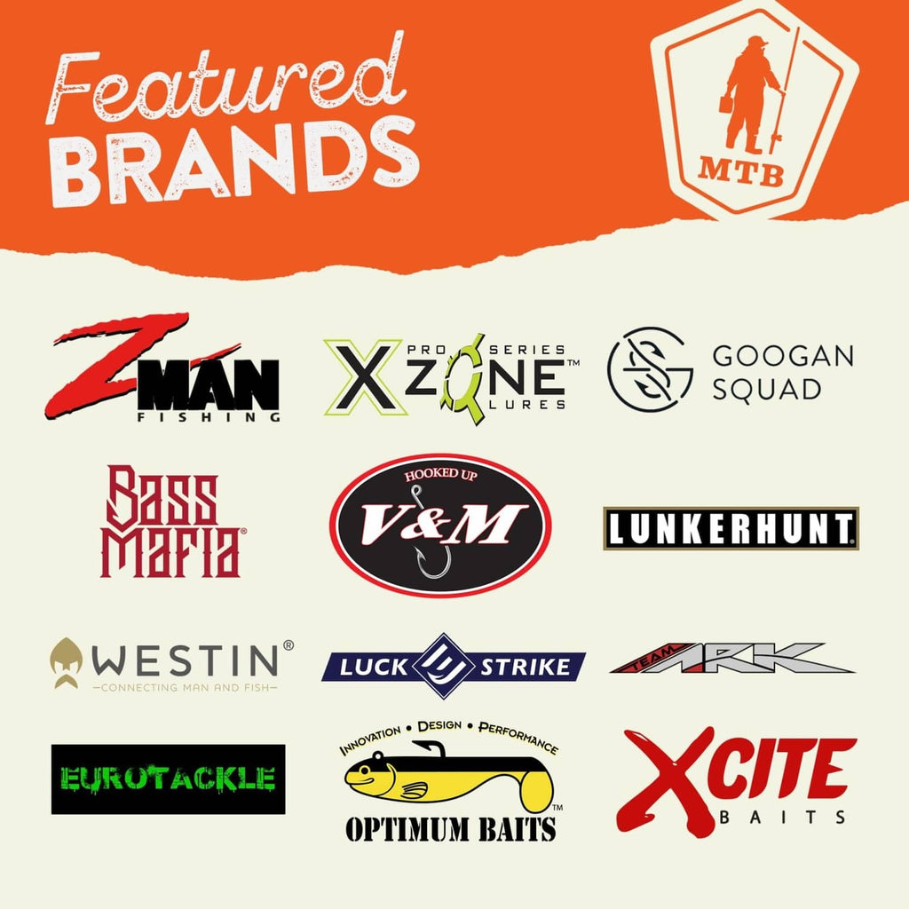 Mystery Tackle Box Pro kit featured brands logos board with fishing brand names