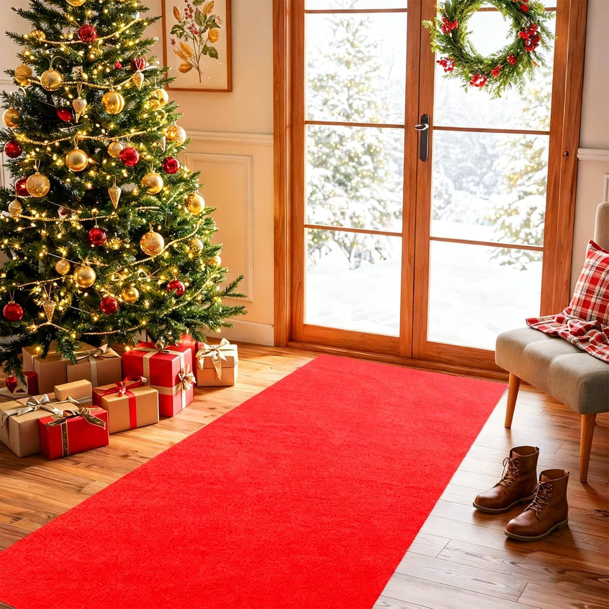 Red carpet runner on indoor floor with dense short pile texture