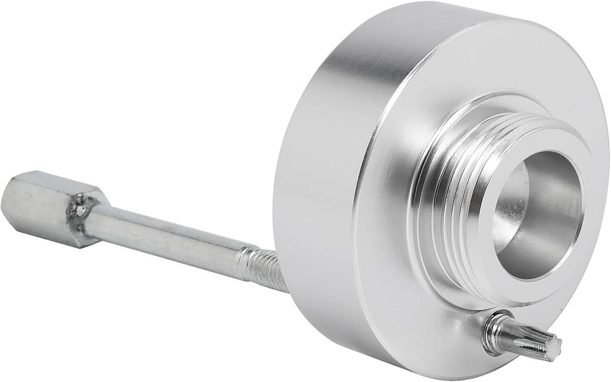 Belt puller clutch tool with long threaded rod and round mounting plate