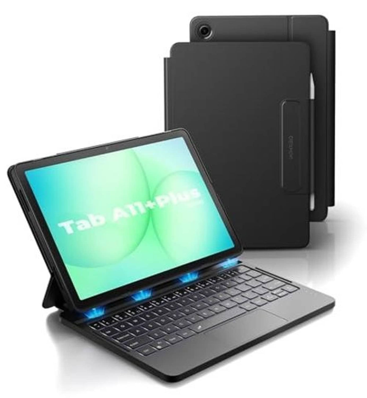 Black keyboard tablet case with stand, tablet and keyboard dock open