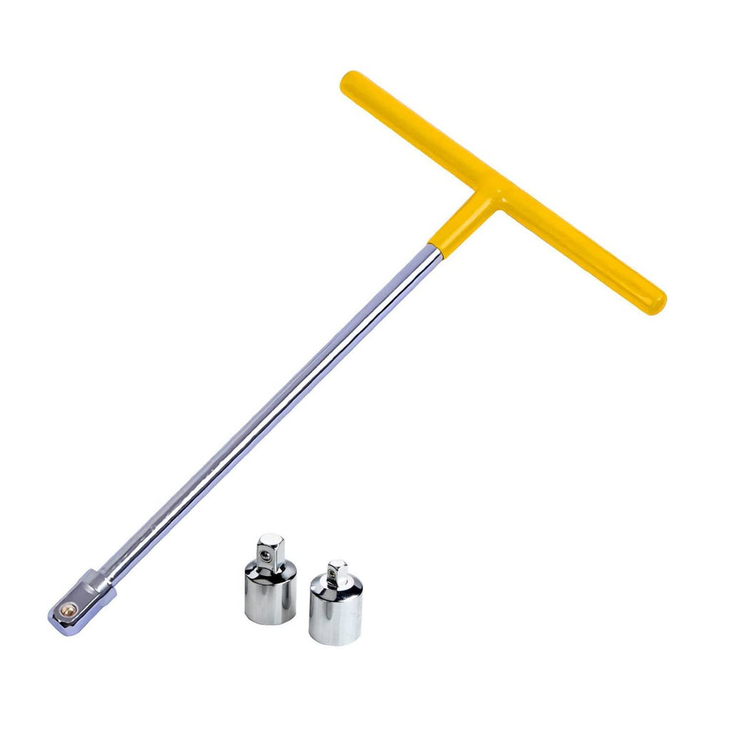 T-handle socket wrench with yellow rubber grip, chrome shaft, and two metal adapters
