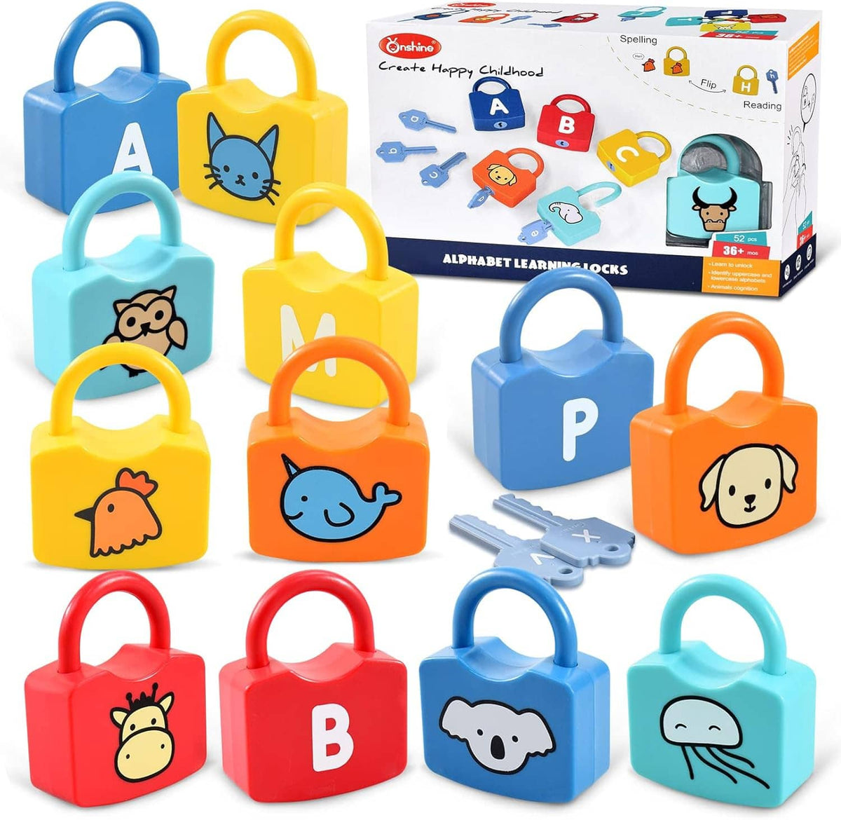Colorful alphabet padlock set with letter locks, animal faces, and spare keys