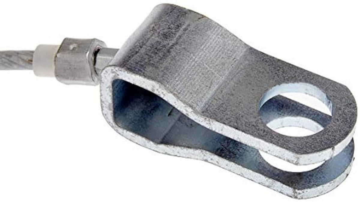 Hood release cable eyelet bracket with dark sleeve and gray wire.