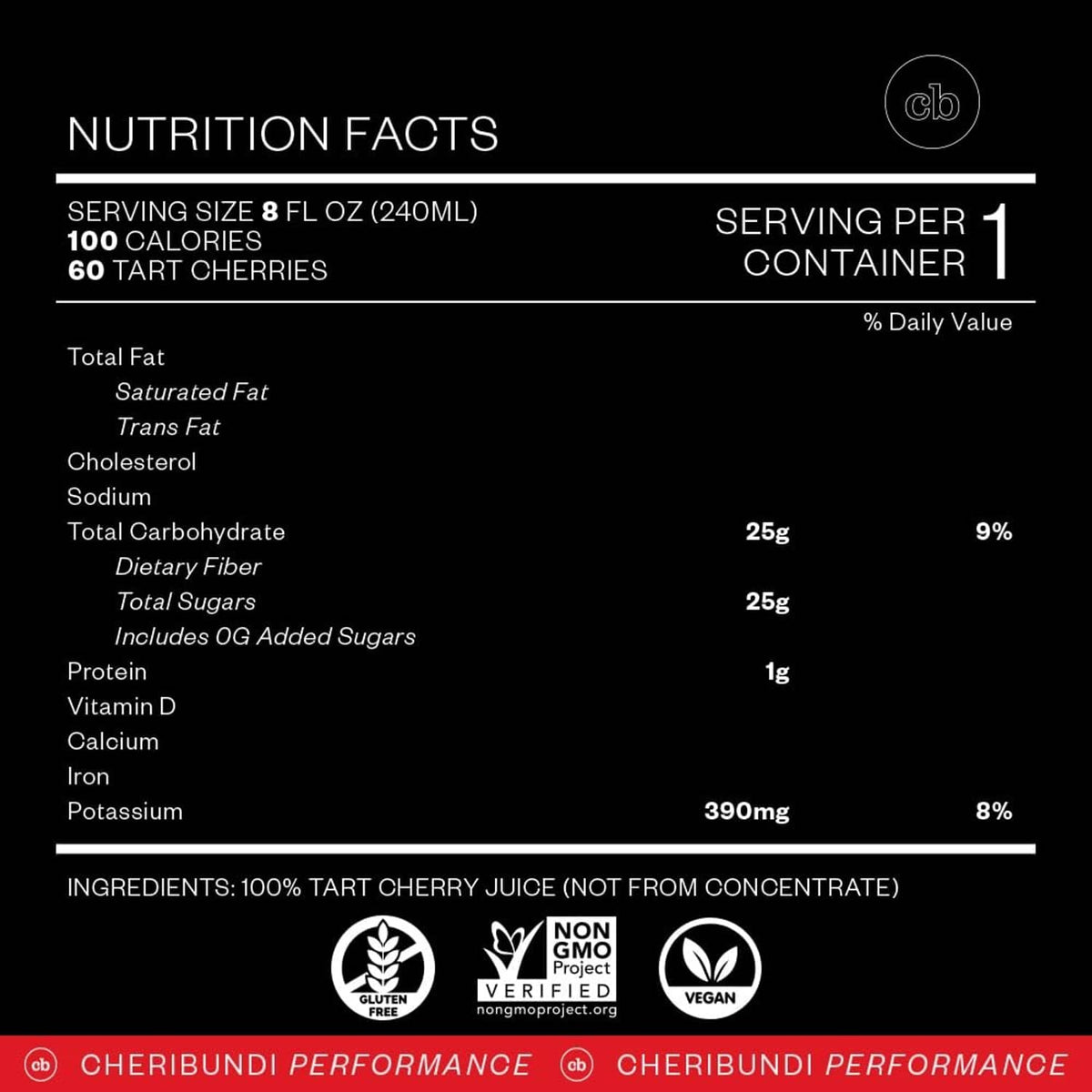 Tart cherry juice nutrition facts label with serving details