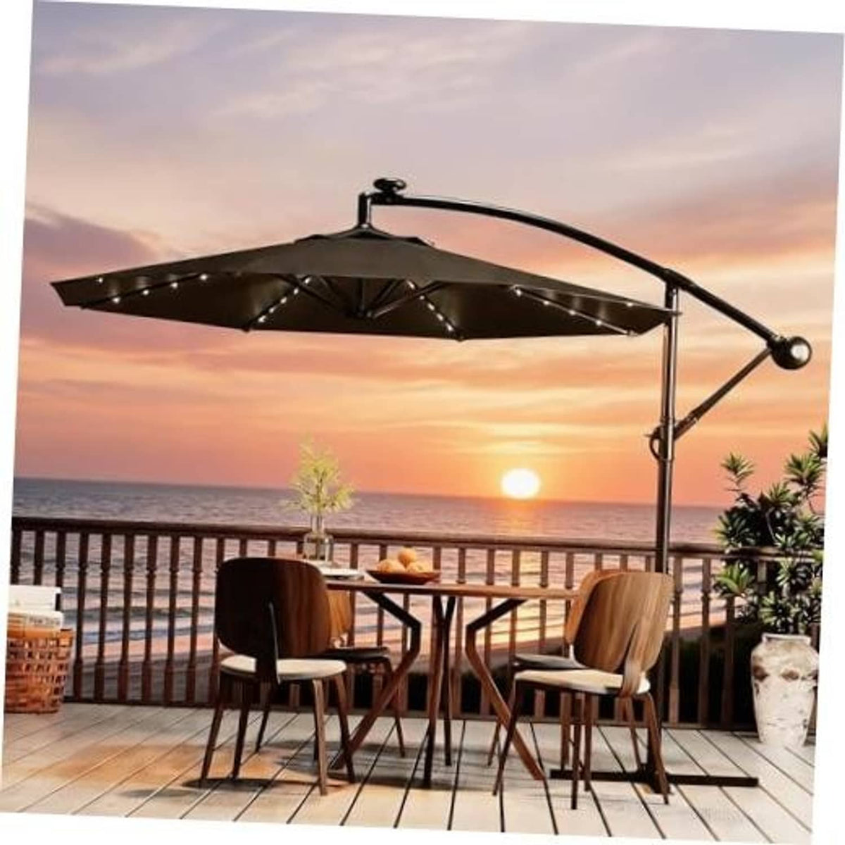 Offset patio umbrella with dark gray canopy and solar LED lights under the valance