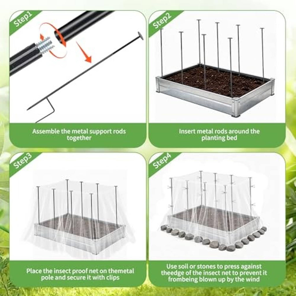 Raised bed netting installation steps with metal rods and secured mesh panel