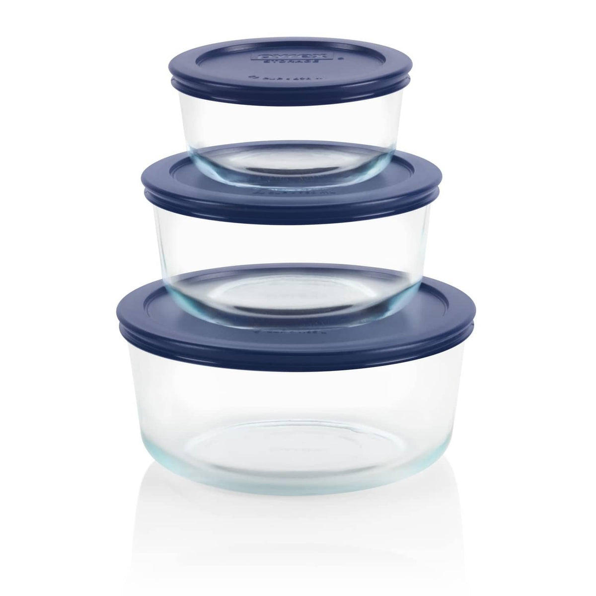 Stacked glass food storage containers with navy-blue lids, 3-pack set