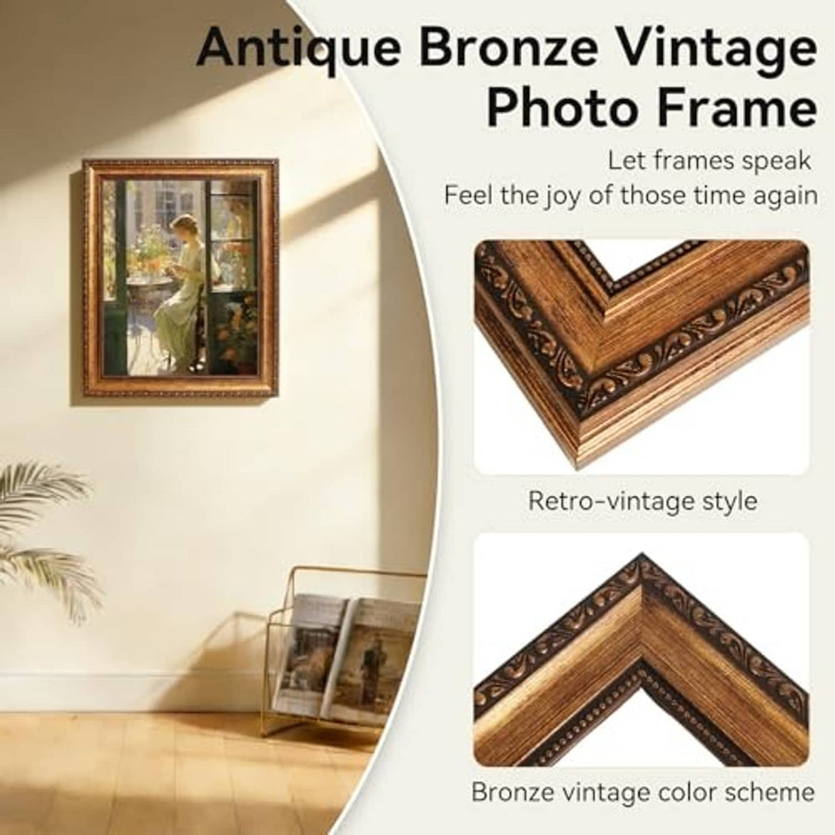 Antique bronze vintage photo frame with decorative corner scrollwork, small size