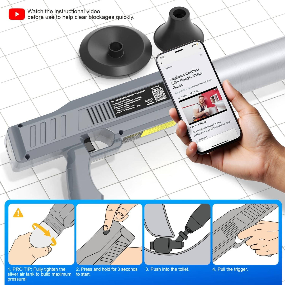 Electric toilet plunger kit with instruction phone, dark base and nozzle pieces