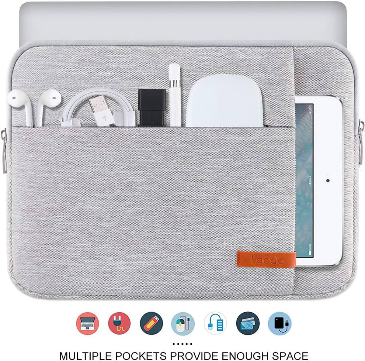 Light gray 13-inch laptop sleeve case with front divider pocket and zipper opening